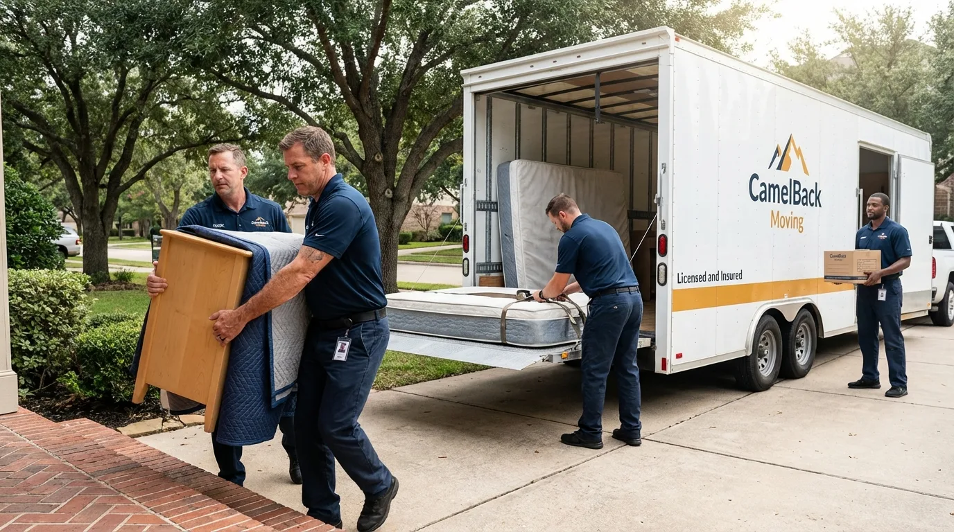 Crew loading residential truck for cross-state move from Hartford, WI