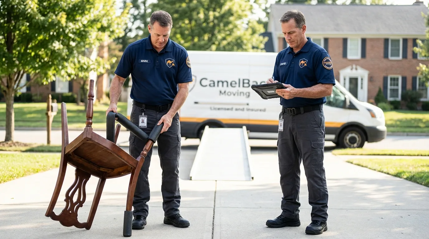 Movers inspecting furniture for damage prevention before loading in Hartford, WI