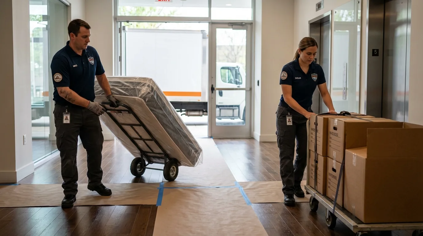 Professional apartment movers loading elevator in Hartford, WI